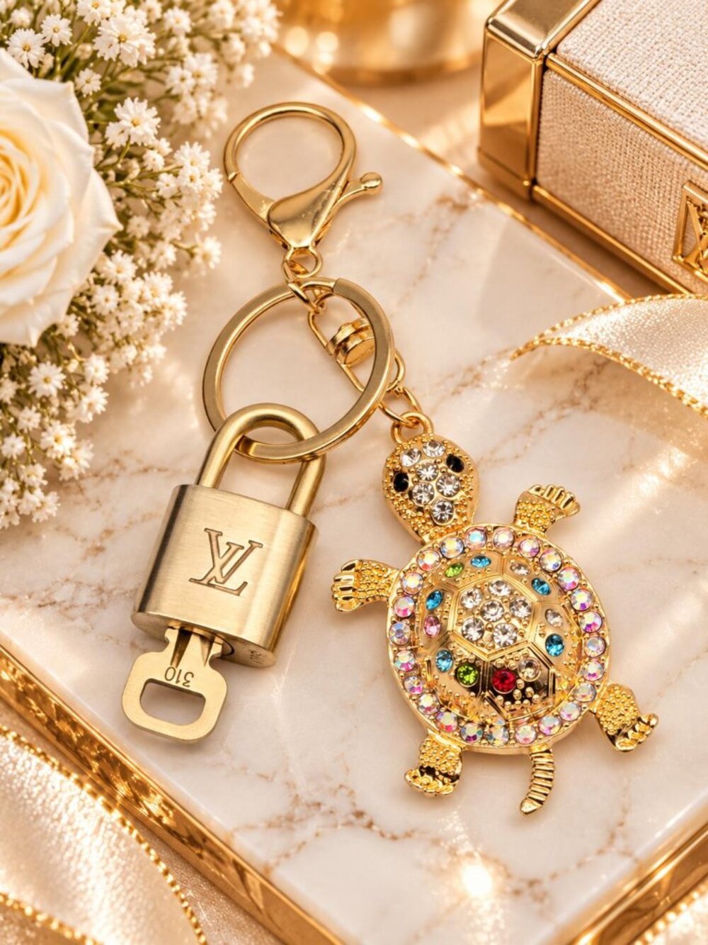 Authentic Louis Vuitton Gold Padlock 🔑Unbranded Turtle Keychain Bag Charm LV